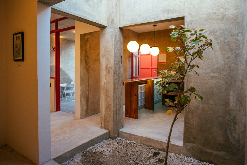 Modern interior courtyard with concrete walls and plants